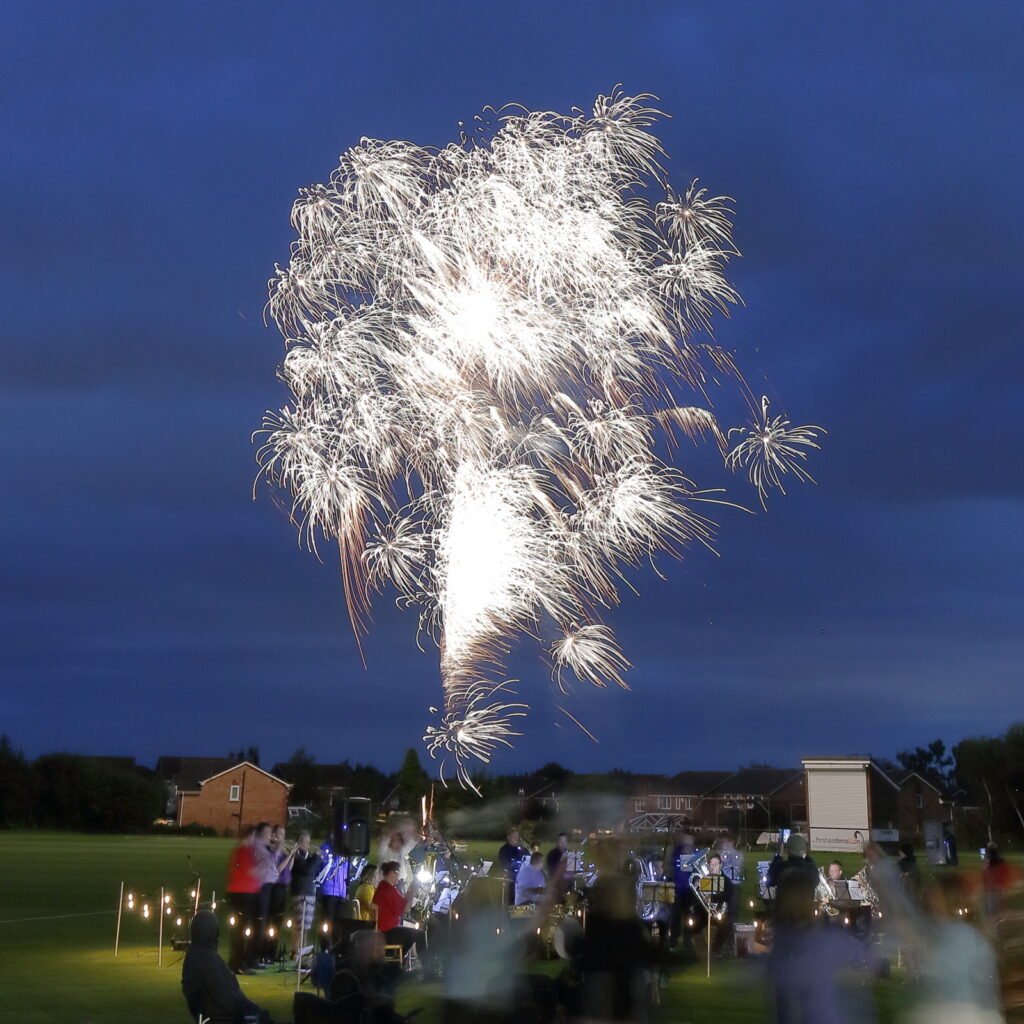 Wingates Band in concert with fireworks in Westhoughton